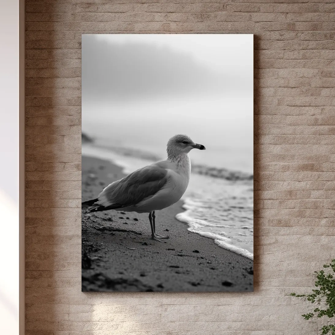 Misty Seagull Beach Scene - Minimalist Photographic Wall Art