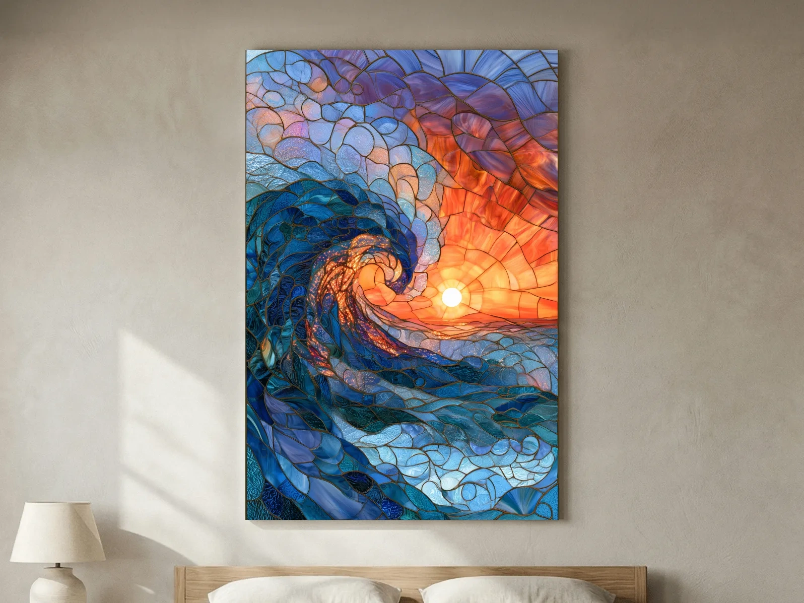 Stained Glass Style Crashing Wave - Abstract Ocean Sunset Wall Art