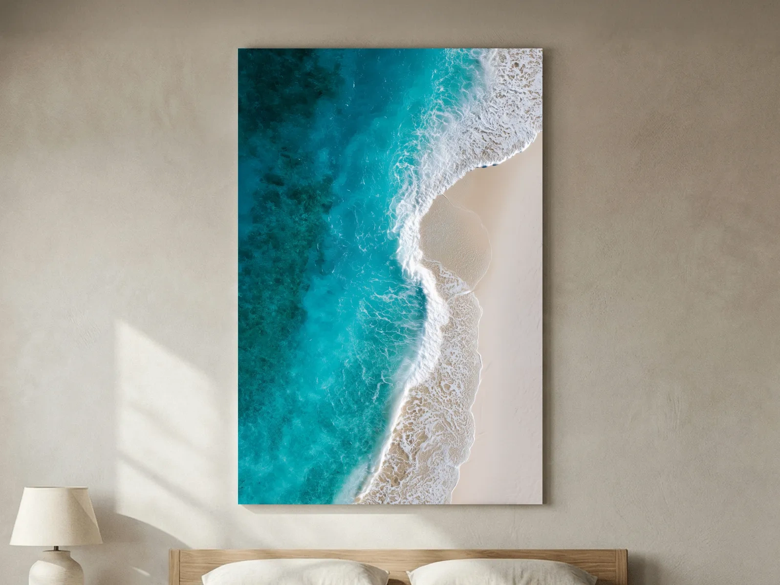 Aerial Tropical Shoreline Waves - Serene Beach Drone Photographic Wall Art