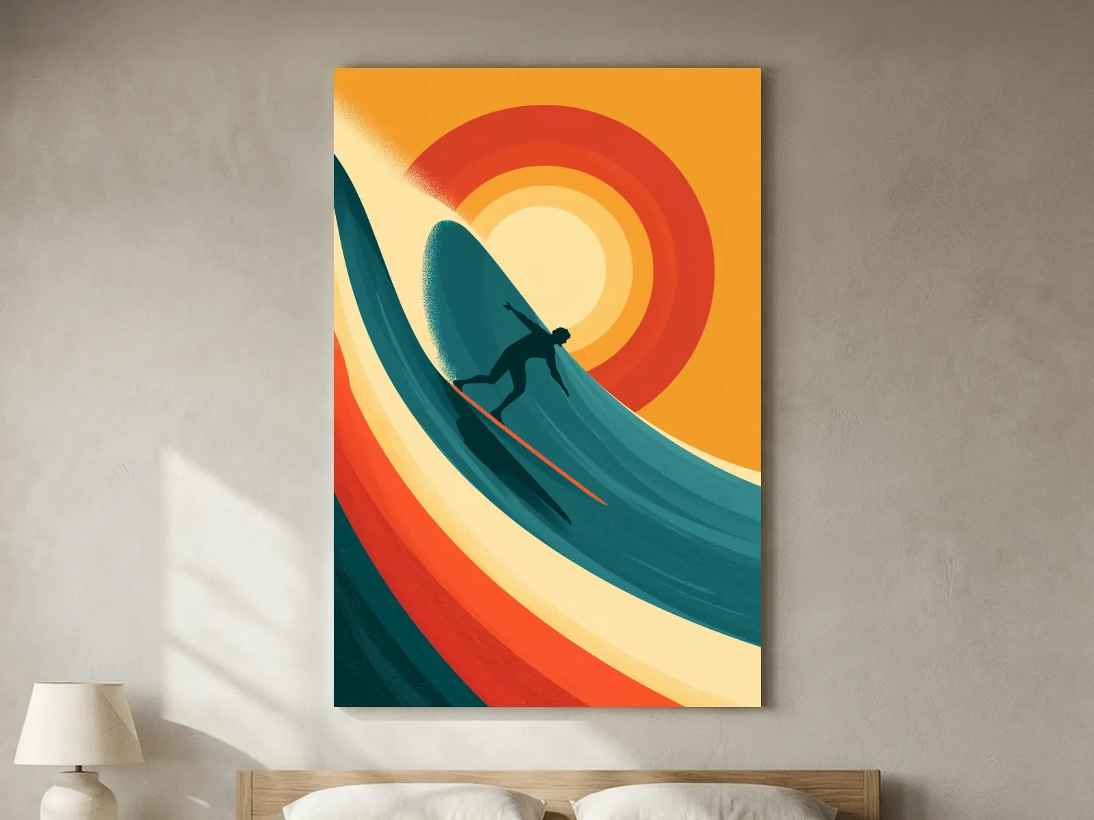 Mid-Century Surfer Wave Illustration - Retro Ocean Wall Art