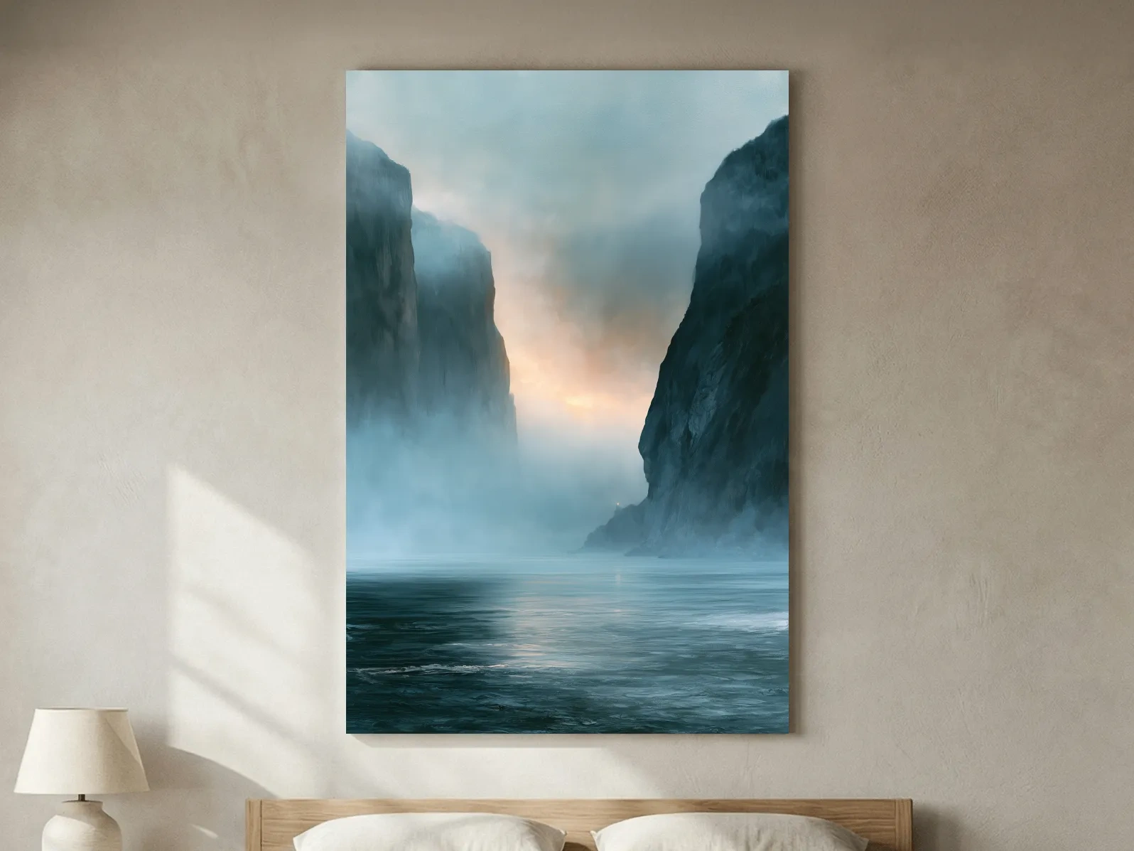 Misty Fjord Cliffs at Dawn - Dramatic Seascape Landscape Art