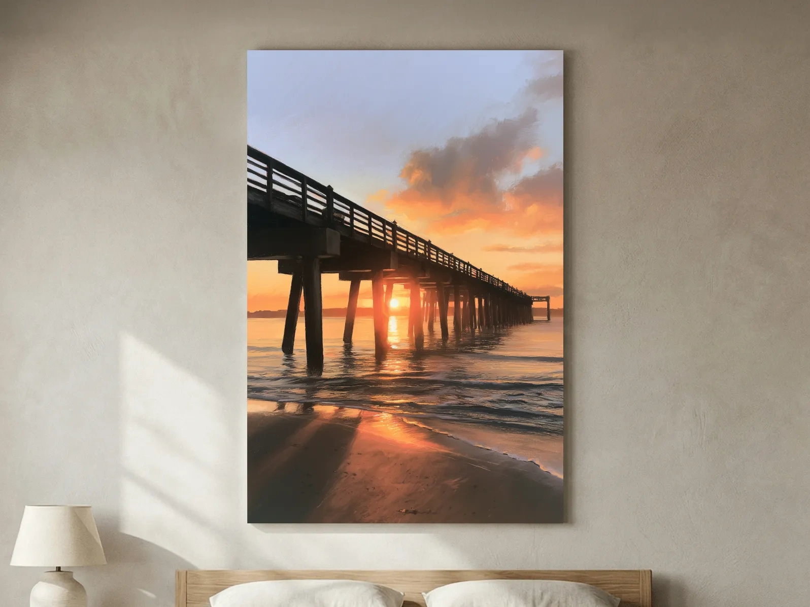 Nostalgic Golden Hour Pier Painting - Beach Sunset Wall Art
