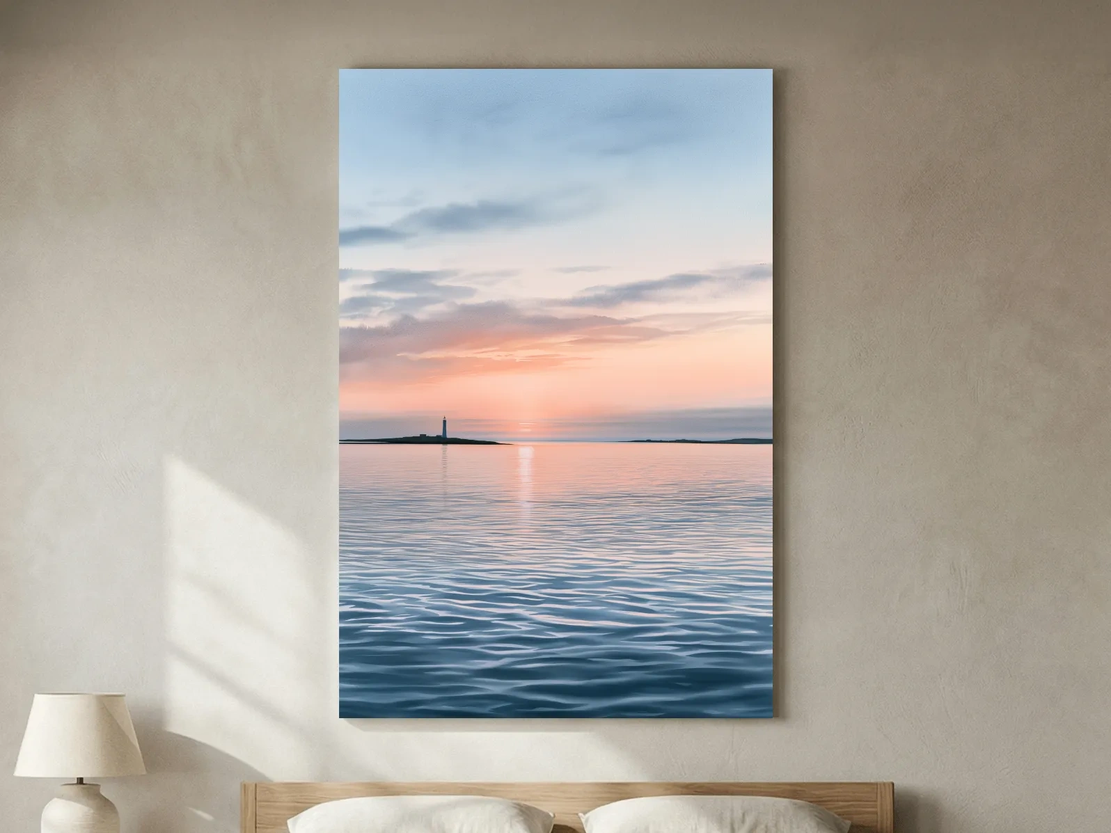 Serene Lighthouse Sunset Seascape - Minimalist Watercolour Wall Art