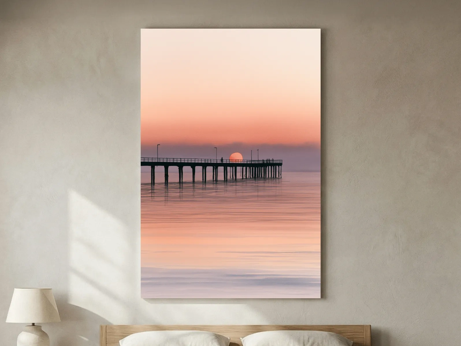 Sunset Pier Silhouette Watercolour - Tranquil Ocean Horizon Wall Art