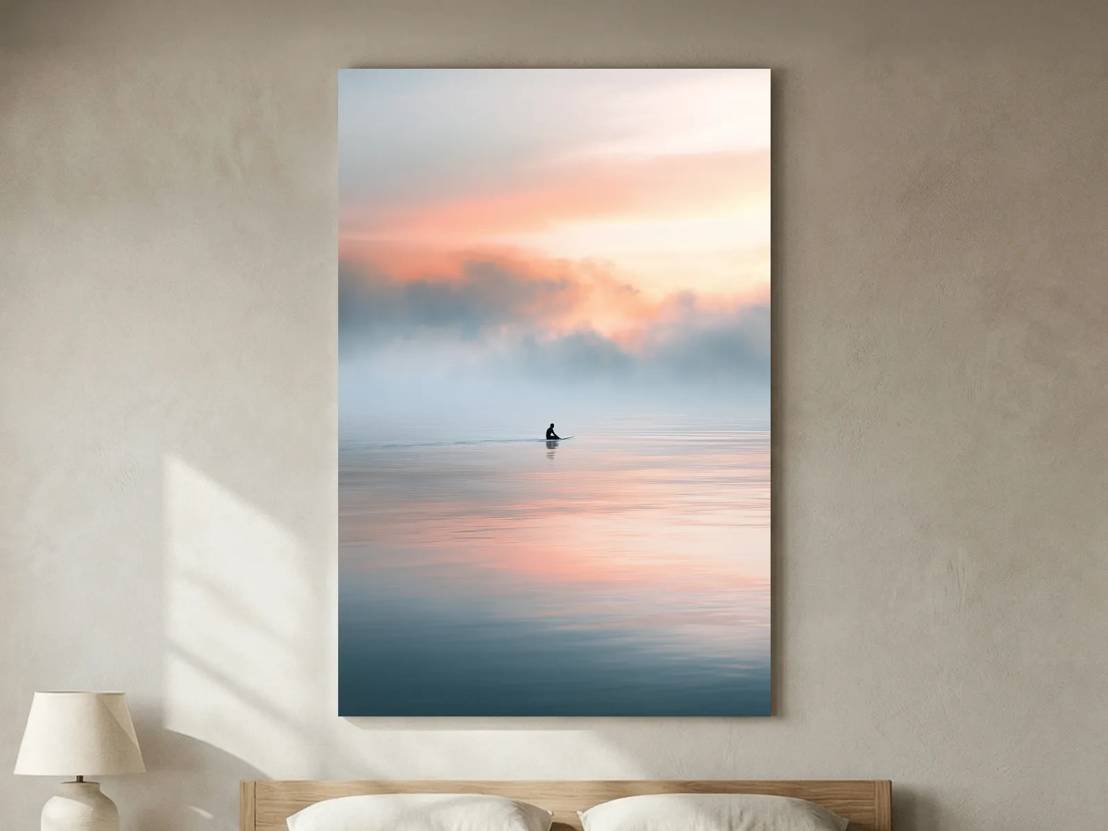 Lone Surfer at Sunrise - Dreamy Watercolour Ocean Wall Art