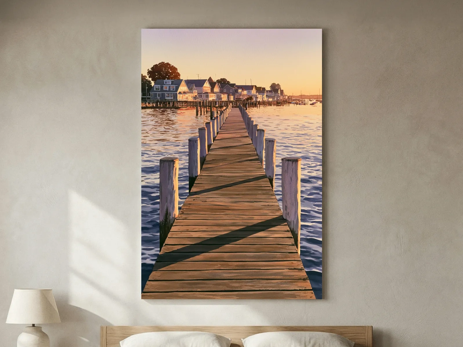 Golden Sunset Pier Village - Serene Nautical Waterfront Wall Art