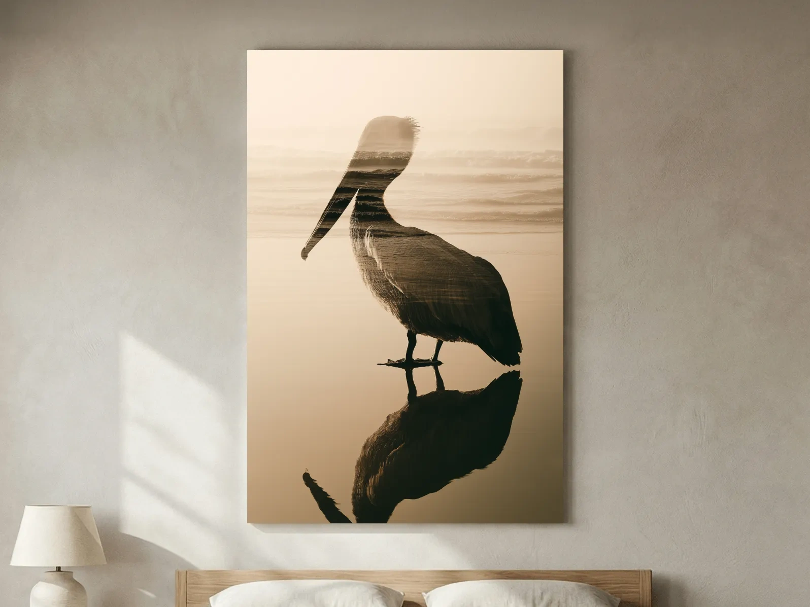 Pelican Double Exposure Silhouette - Minimalist Beach Photographic Wall Art