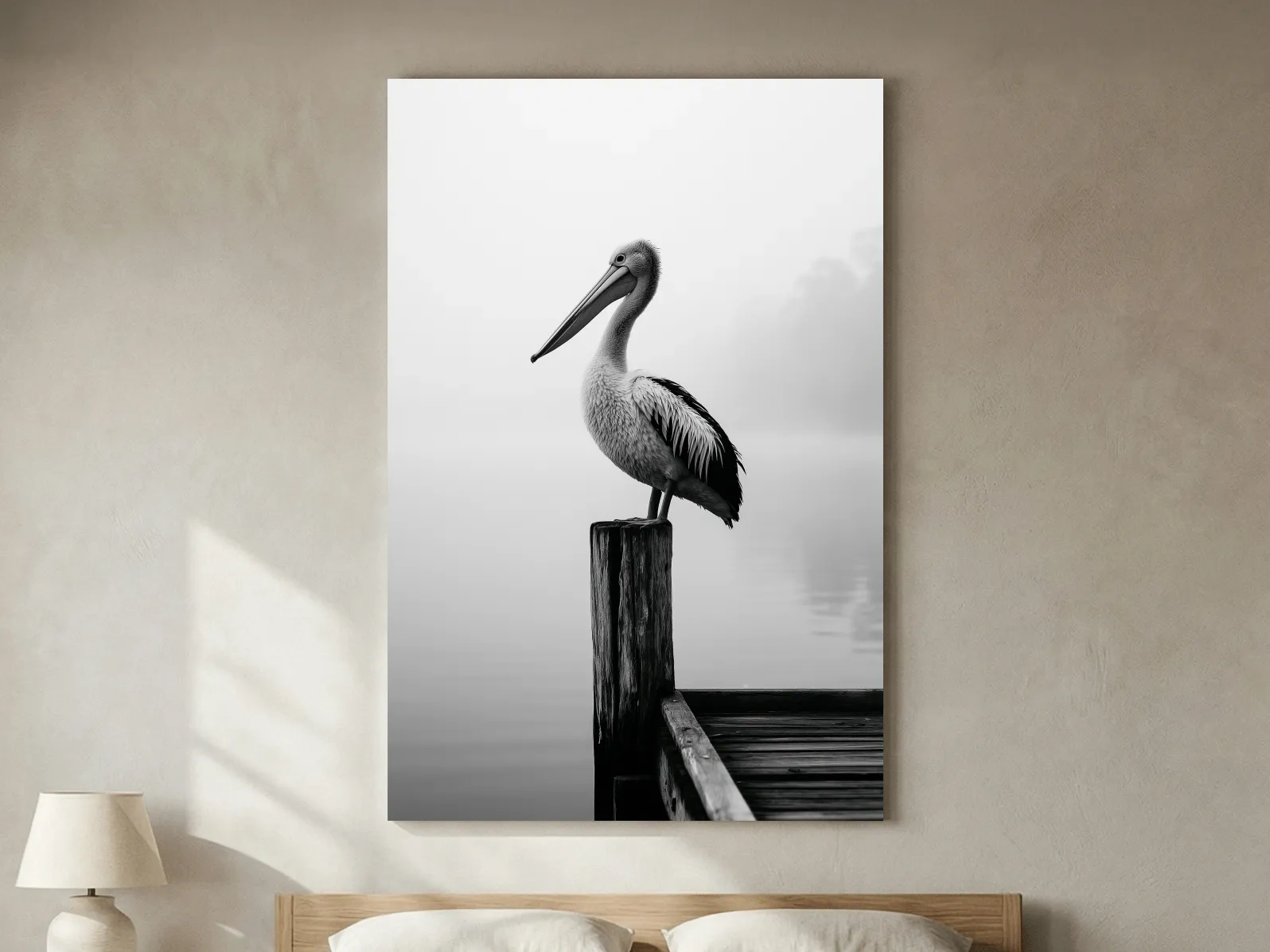 Misty Pelican On Pier - Minimalist Photographic Wall Art