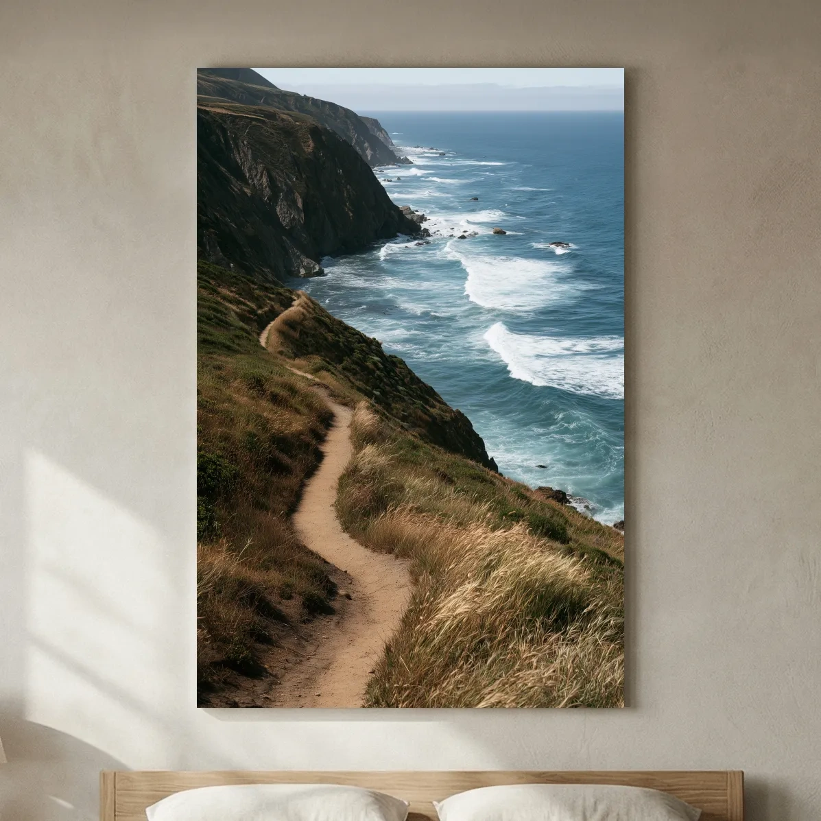 Misty Coastal Hiking Trail - Dramatic Cliffside Photographic Wall Art