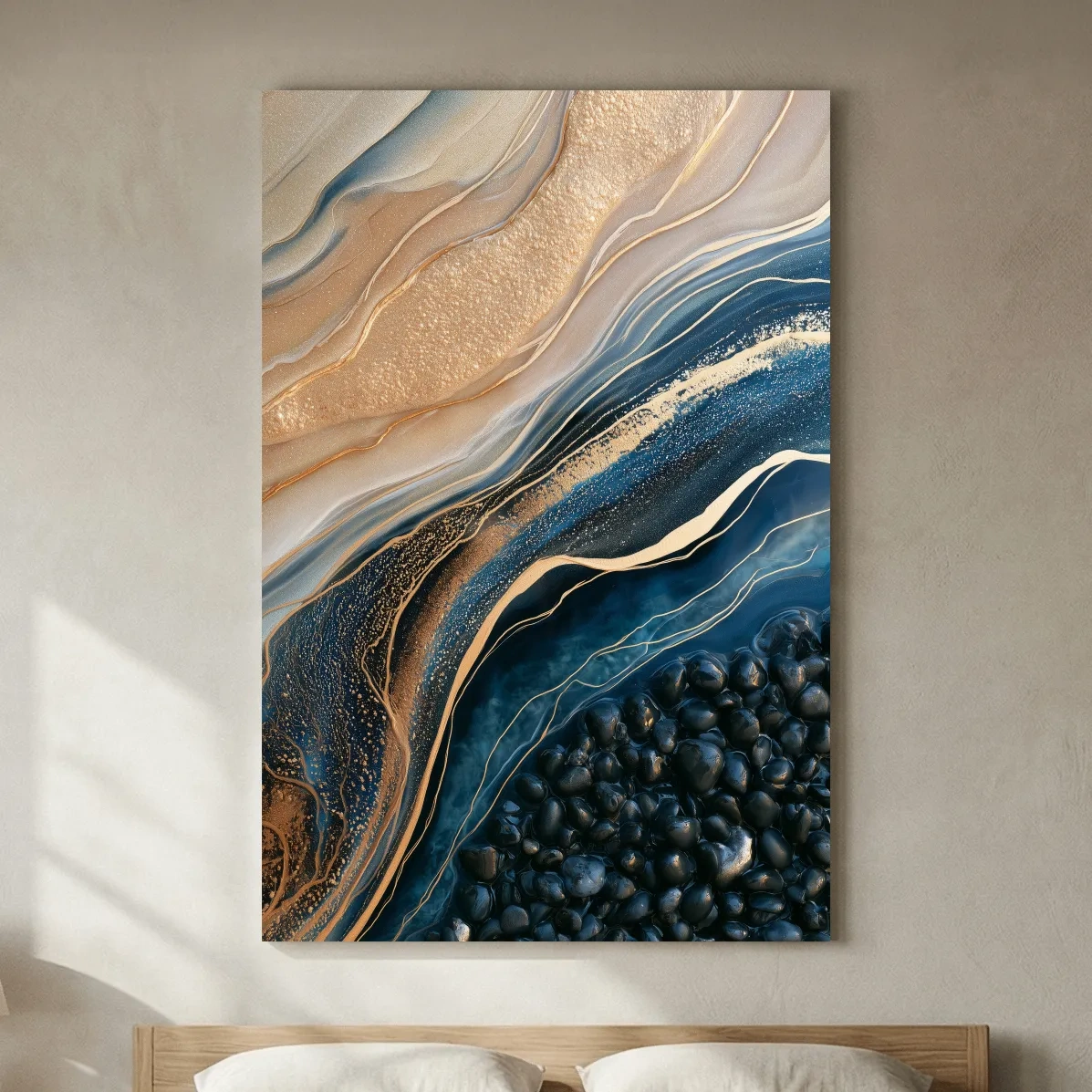 Layered Beach Strata and Pebbles - Abstract Mixed Media Wall Art