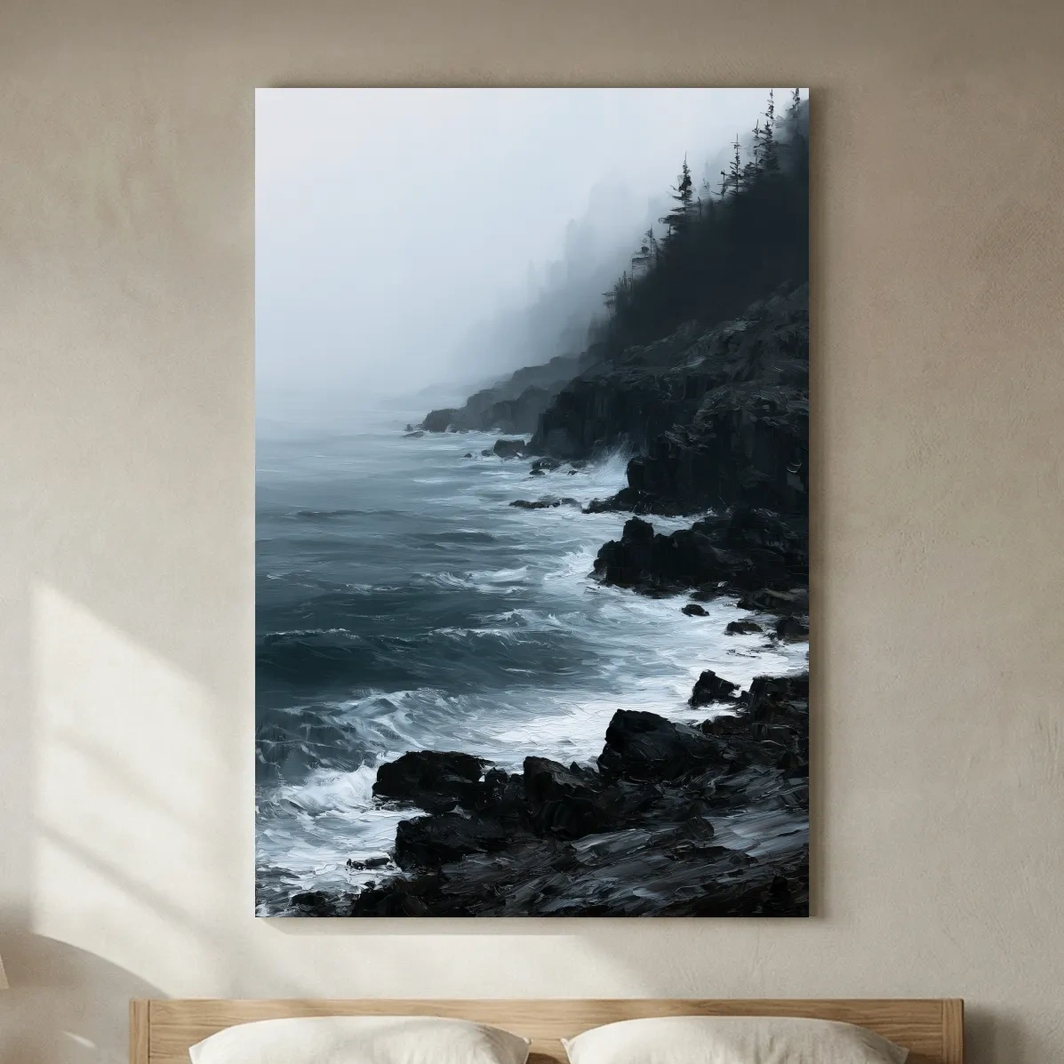 Misty Rocky Coastline Painting - Dramatic Ocean Landscape Art