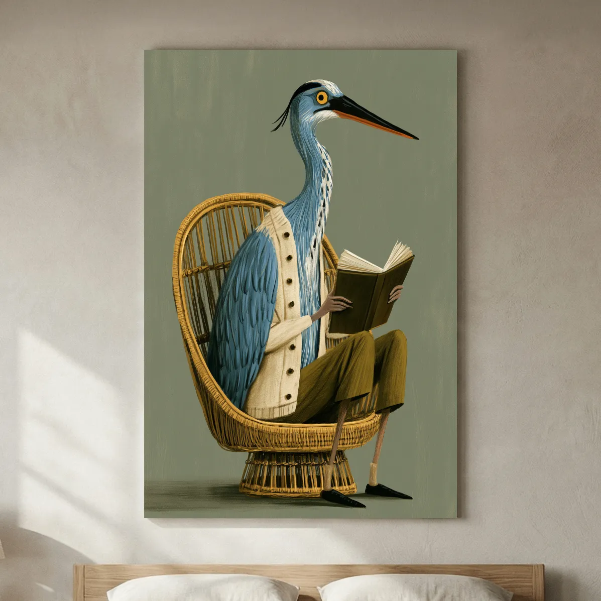 Whimsical Scandi Heron Reading Painting - Folk Art Bird Wall Art
