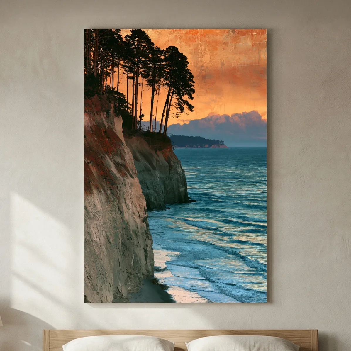 Sunset Coastal Cliffs And Pine Trees - Abstract Illustration Wall Art