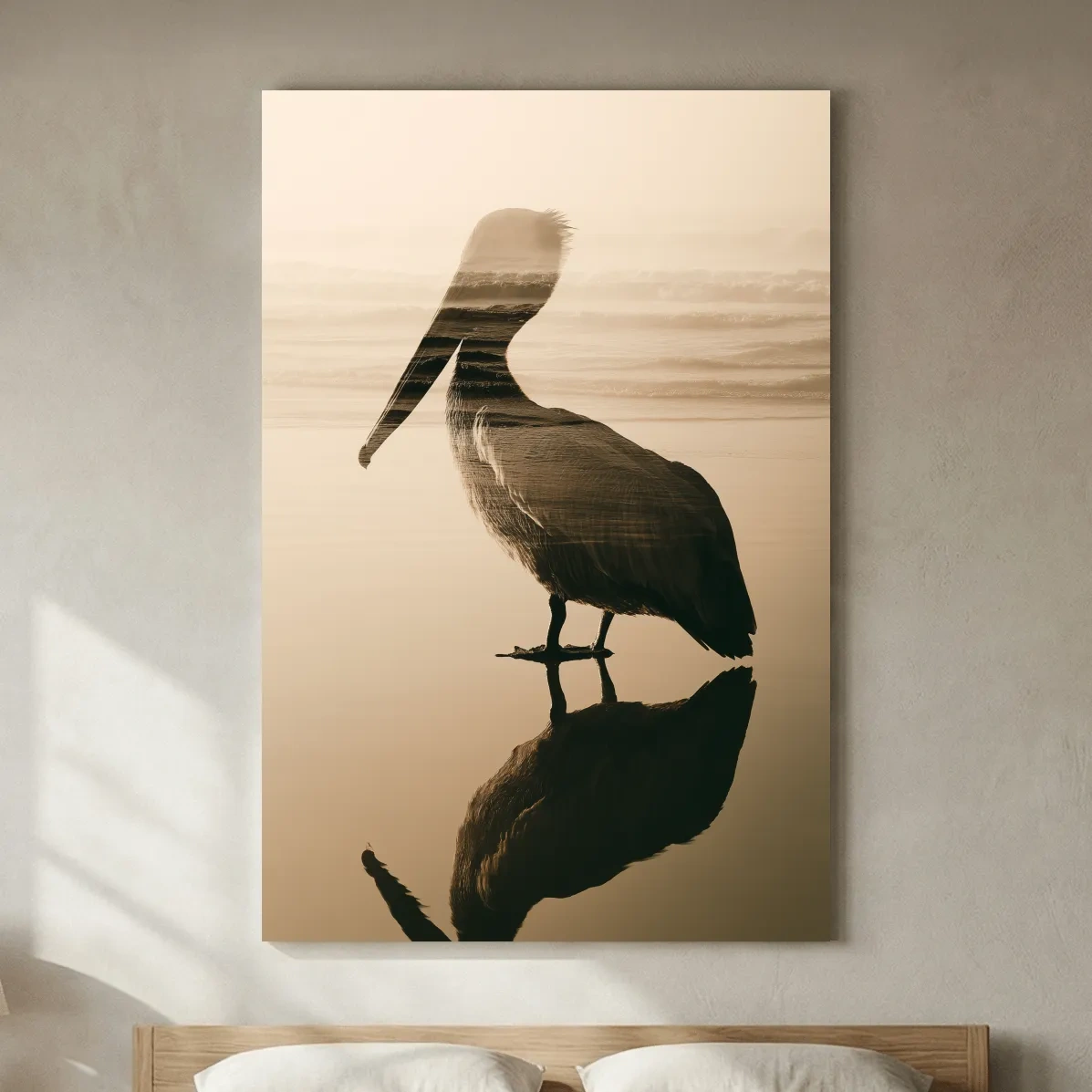 Pelican Double Exposure Silhouette - Minimalist Beach Photographic Wall Art