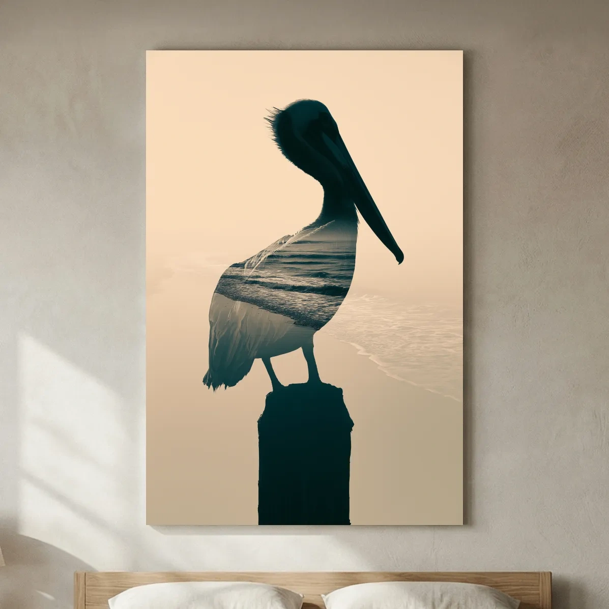 Pelican Double Exposure Silhouette - Minimalist Beach Photographic Wall Art