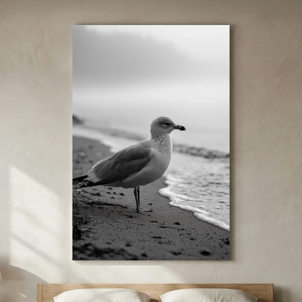 Misty Seagull Beach Scene - Minimalist Photographic Wall Art