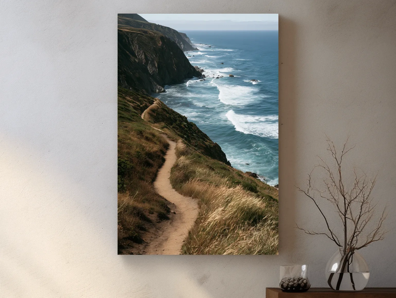 Misty Coastal Hiking Trail - Dramatic Cliffside Photographic Wall Art