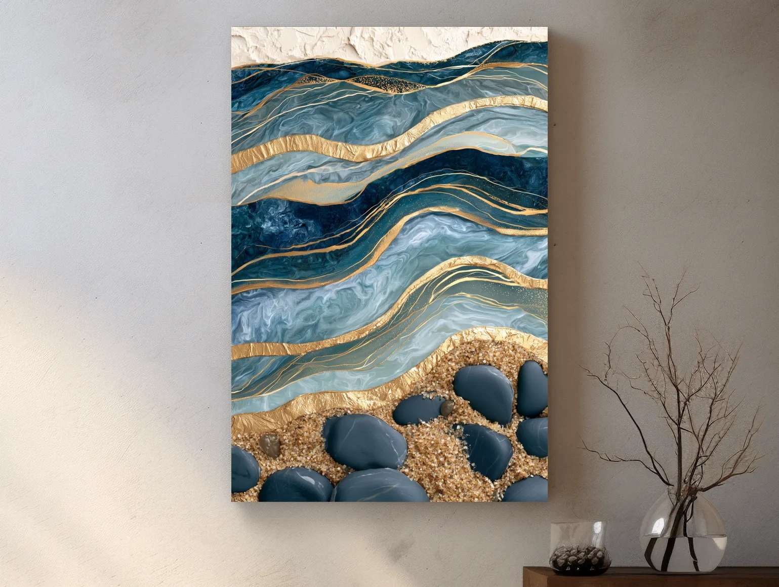 Abstract Layered Geological Strata - Gold Veined Stone Wall Art