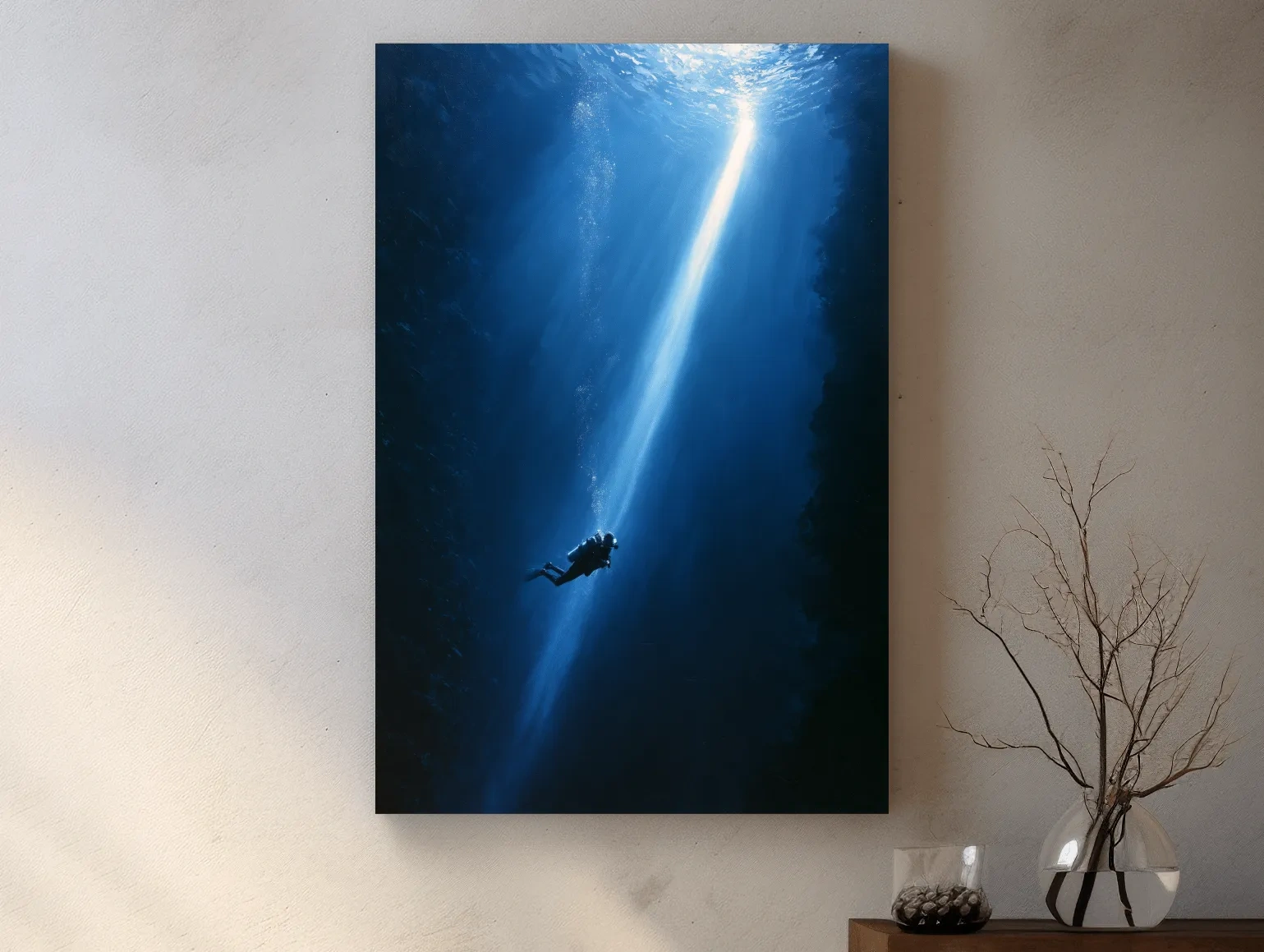 Surreal Underwater Scuba Diver Painting - Dramatic Ocean Wall Art