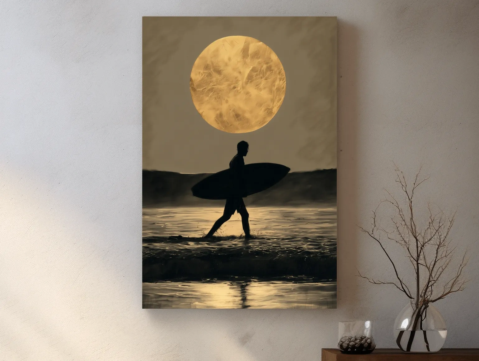 Moonlit Surfer Silhouette Drawing - Dramatic Beach Wall Art