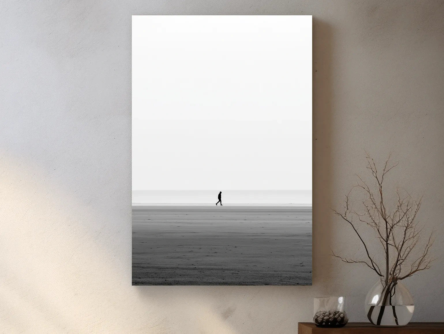 Minimalist Lone Walker Beach Painting - Misty Shoreline Wall Art