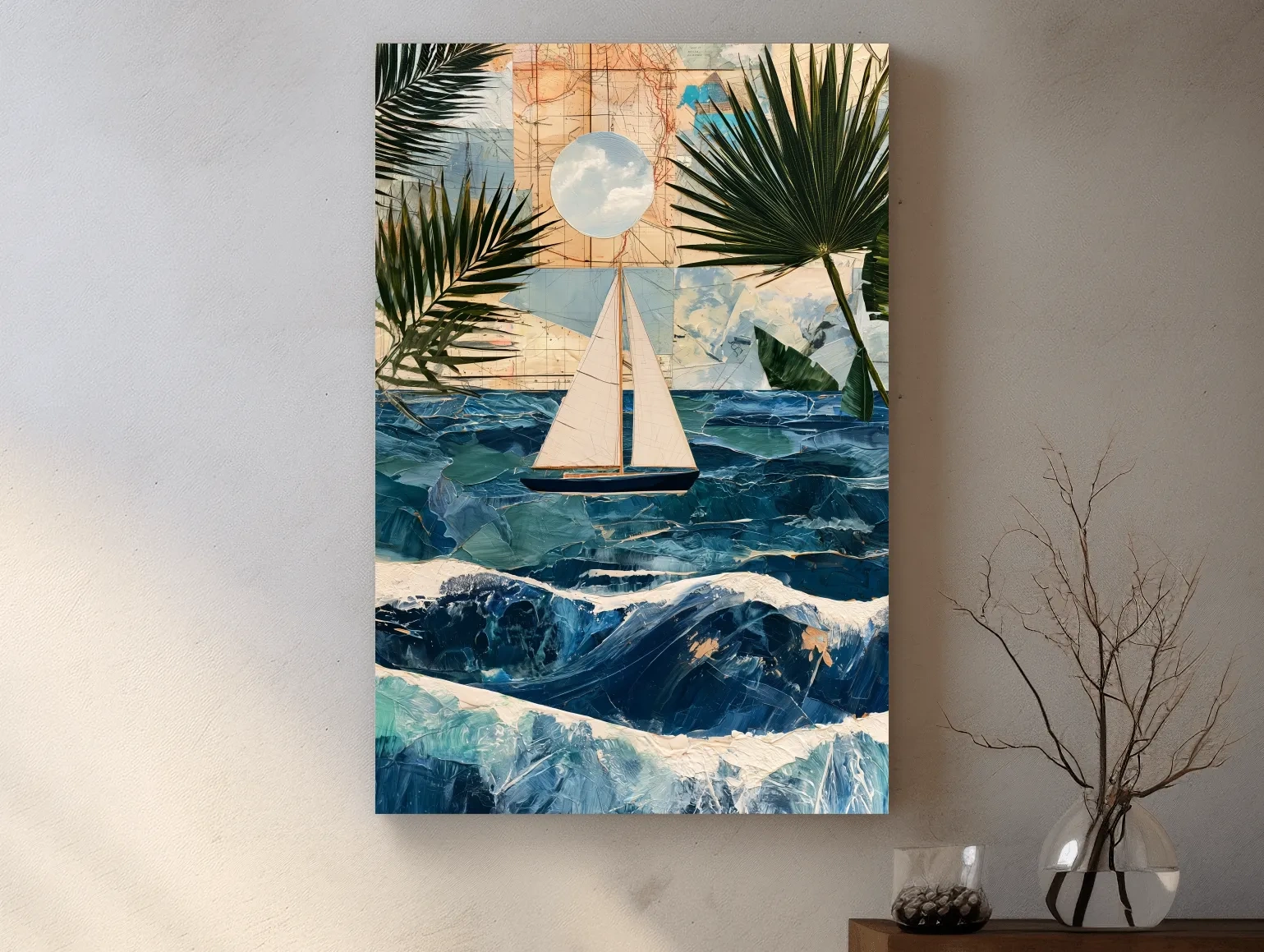 Tropical Sailboat Collage - Mixed Media Ocean Wall Art