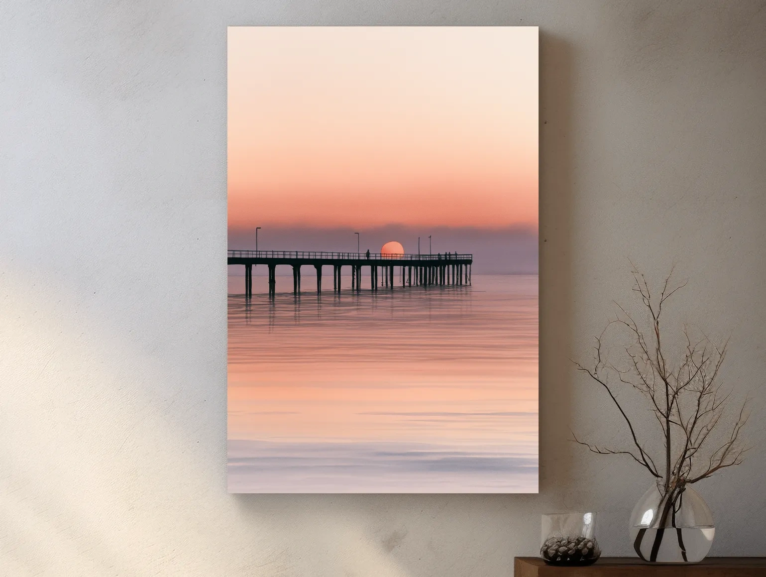 Sunset Pier Silhouette Watercolour - Tranquil Ocean Horizon Wall Art