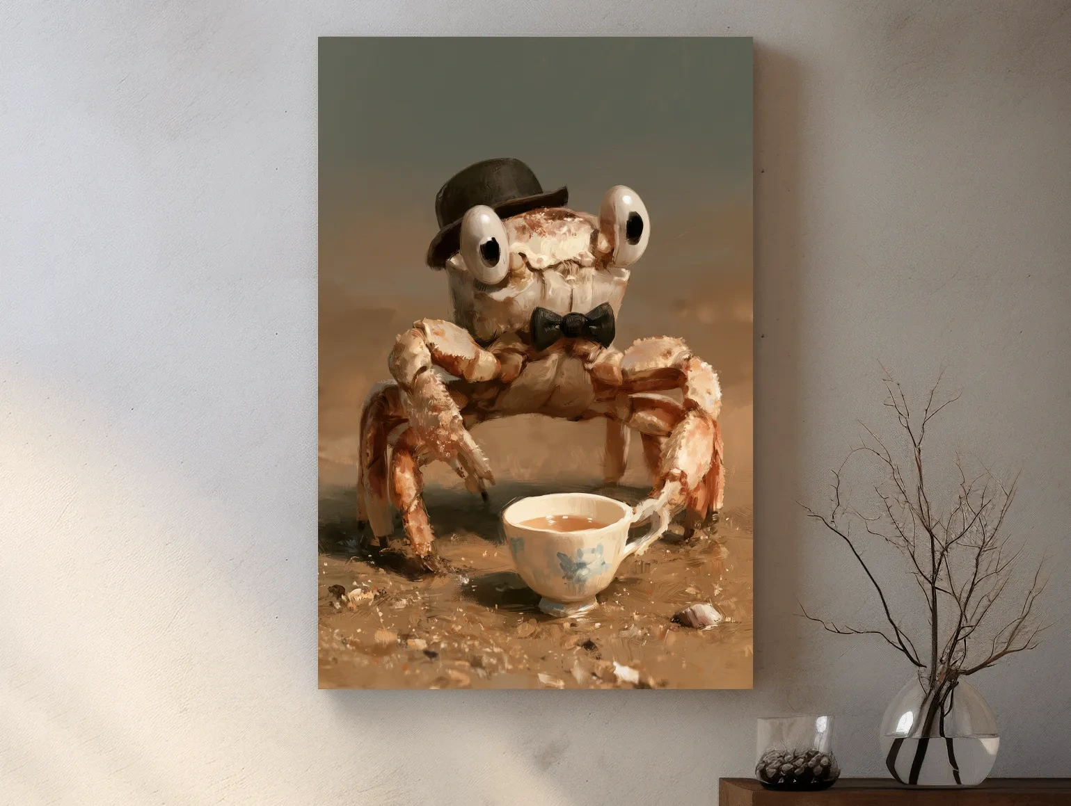 Whimsical Dapper Crab Tea Party - Folk Art Painting Wall Art