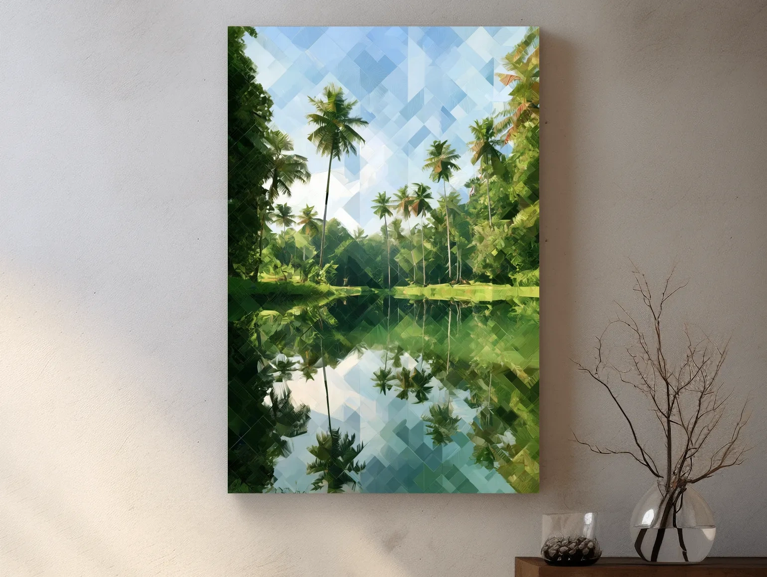 Geometric Tropical Lagoon Palm Reflection - Abstract Landscape Wall Art