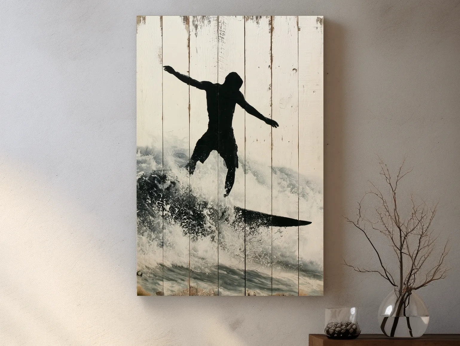 Surfer Silhouette Painting - Rustic Reclaimed Wood Artwork