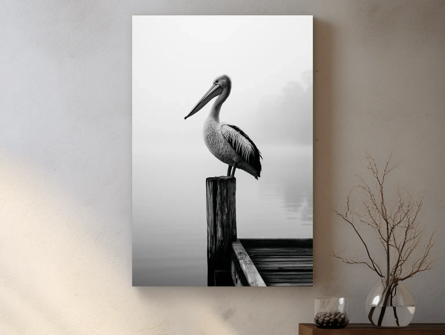 Misty Pelican On Pier - Minimalist Photographic Wall Art