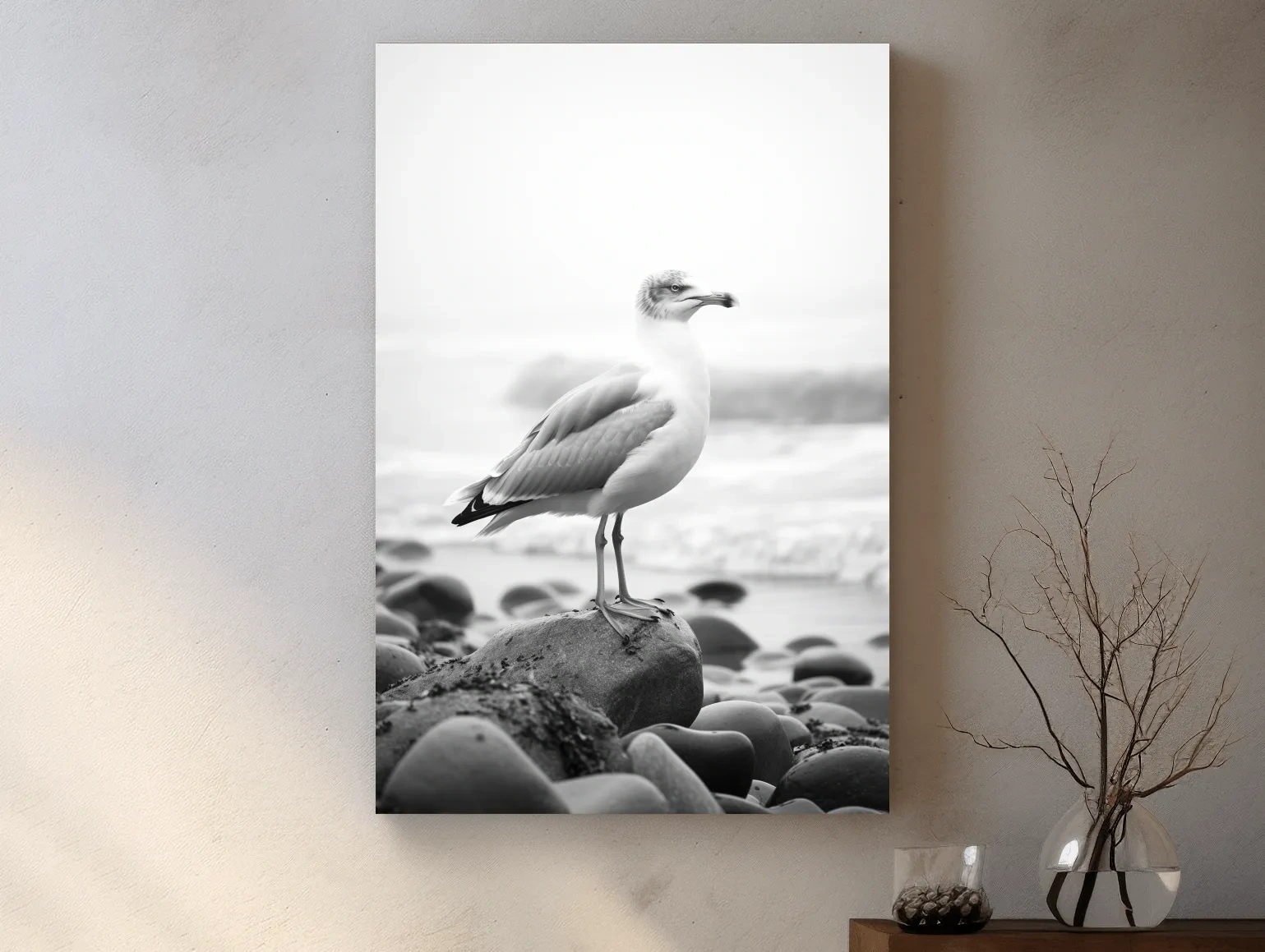 Misty Seagull On Pebble Beach - Minimalist Photographic Wall Art