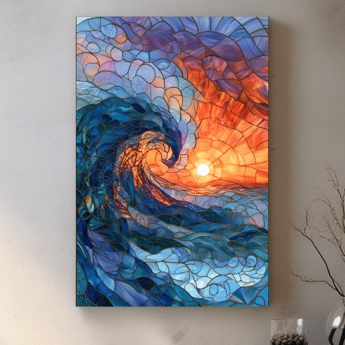 Stained Glass Style Crashing Wave - Abstract Ocean Sunset Wall Art