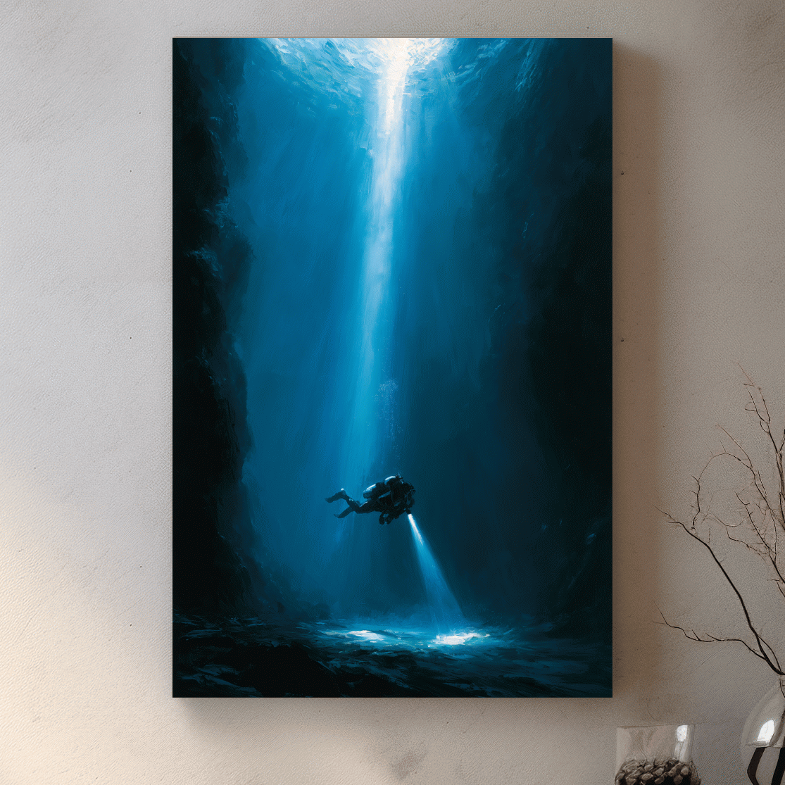 Surreal Underwater Scuba Diver Painting - Dramatic Deep Sea Wall Art