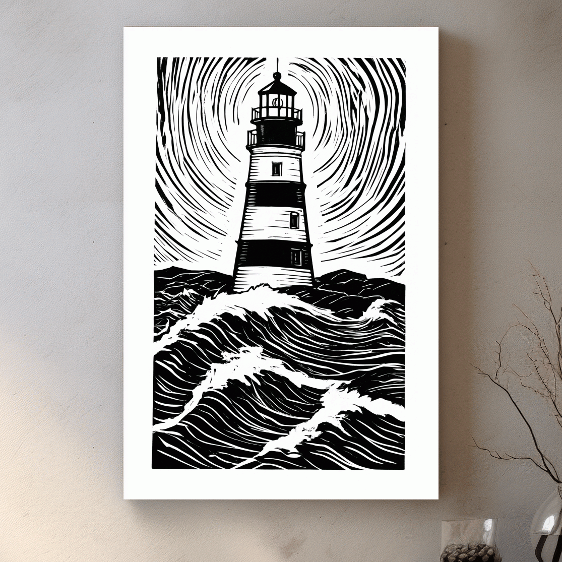 Black and White Lighthouse Linocut - Minimalist Ocean Wall Art
