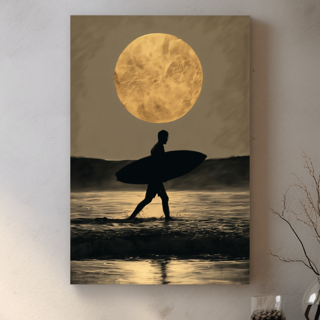 Moonlit Surfer Silhouette Drawing - Dramatic Beach Wall Art