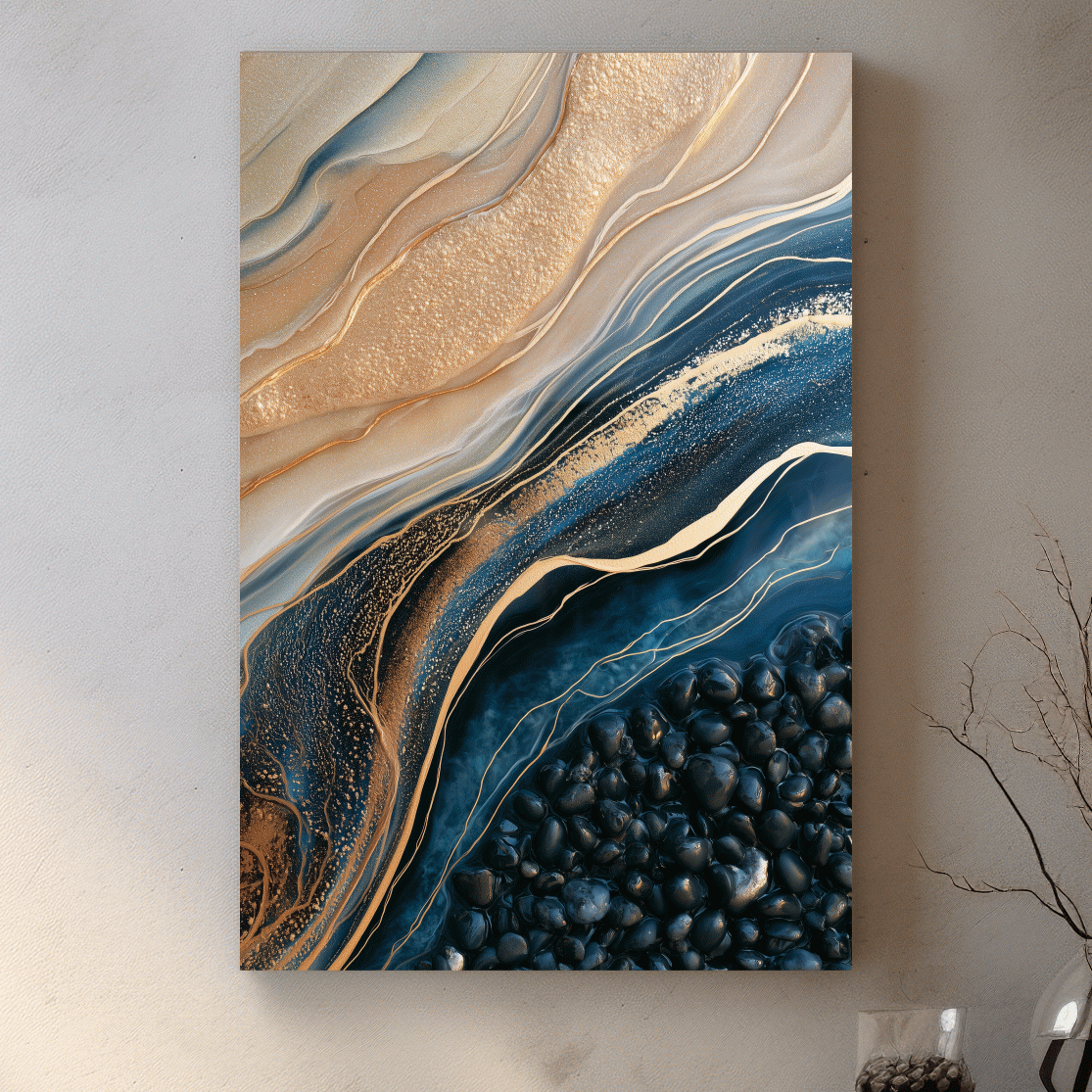 Layered Beach Strata and Pebbles - Abstract Mixed Media Wall Art