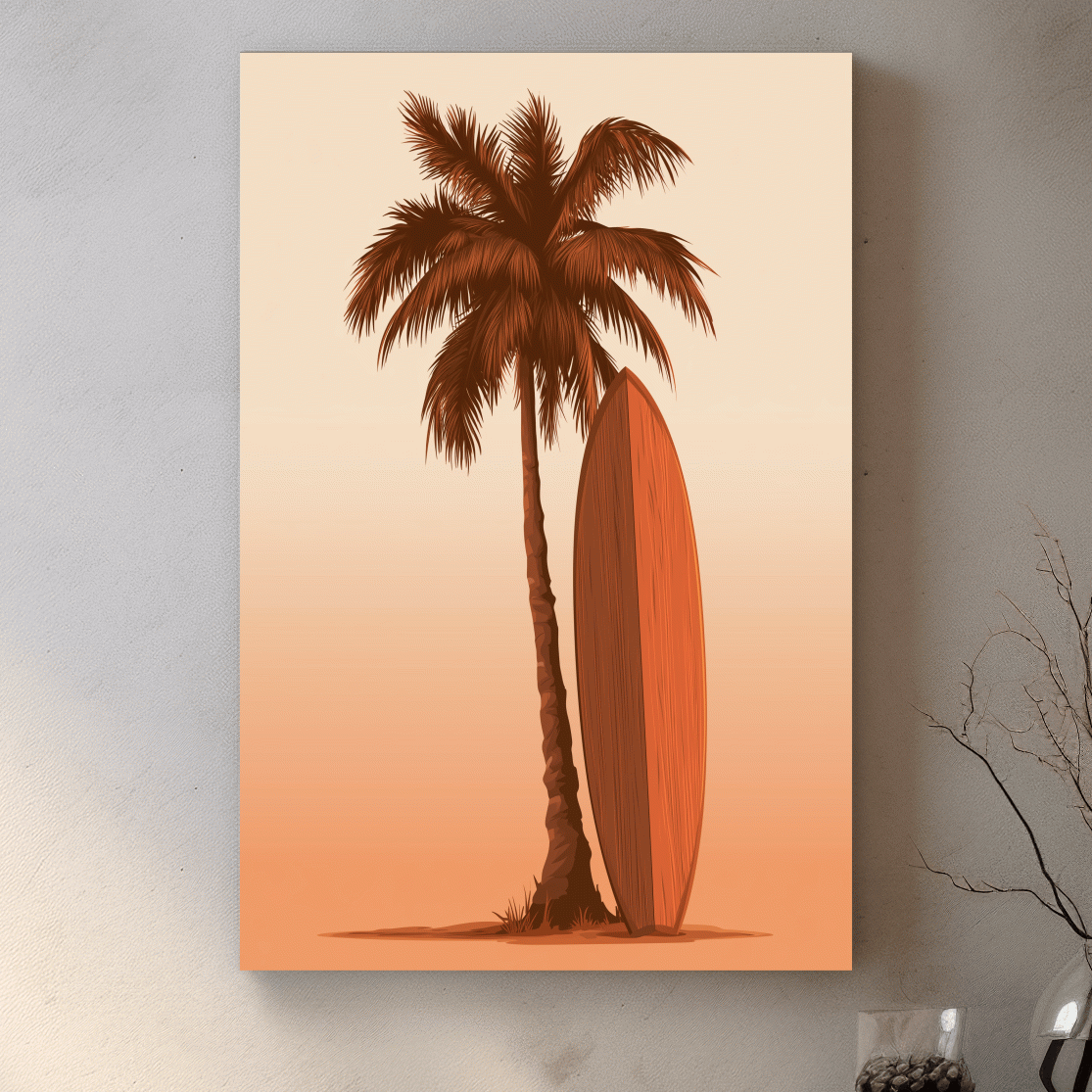 Retro Palm Tree Surfboard Illustration - Boho Beach Wall Art