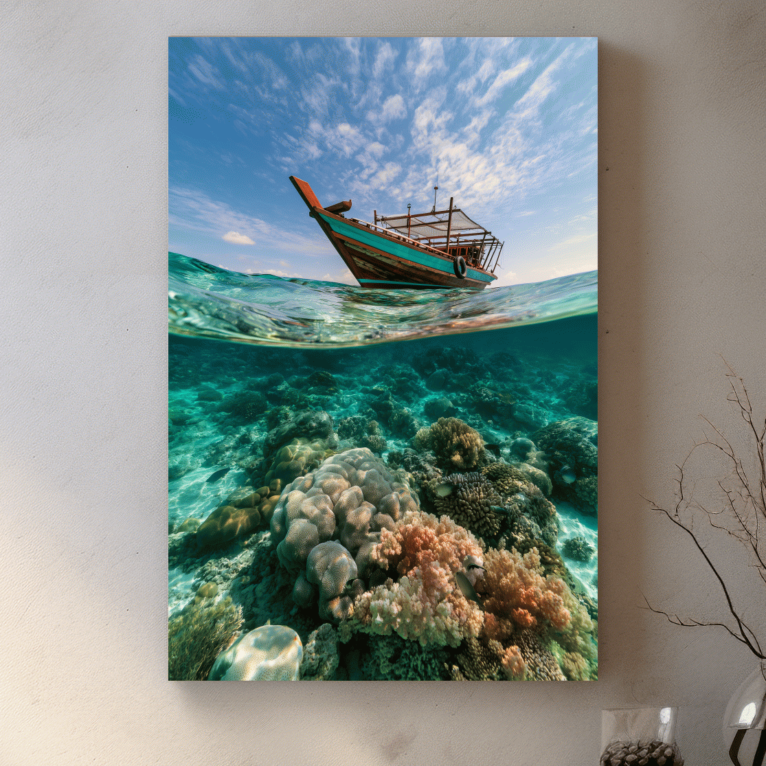 Surreal Tropical Fishing Boat Coral Reef - Underwater Wall Art