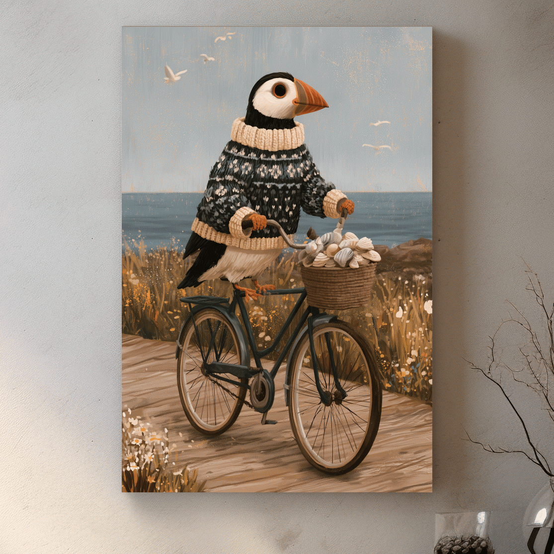 Whimsical Puffin Bicycle Painting - Scandinavian Coastal Wall Art