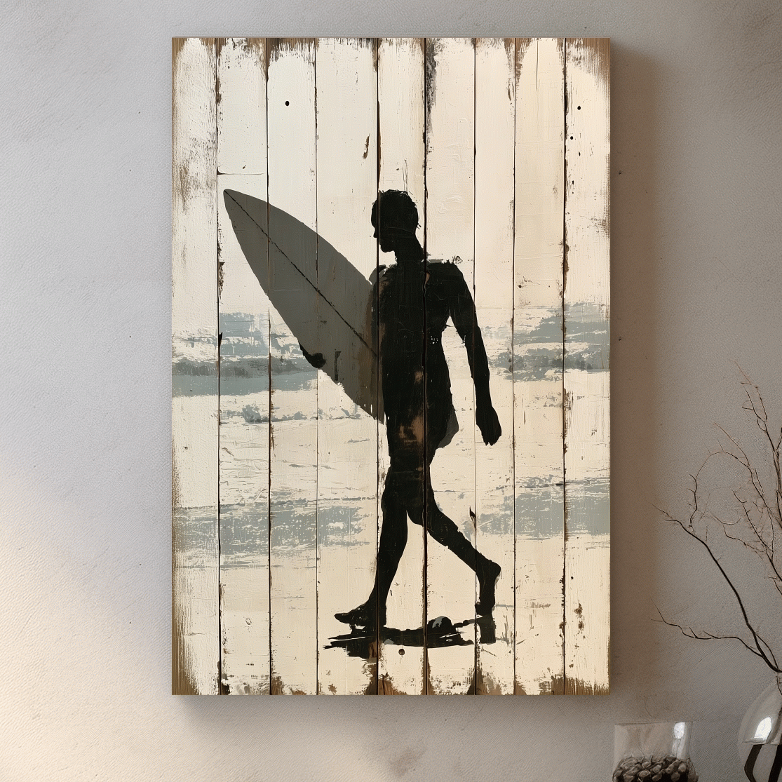 Surfer Silhouette Reclaimed Wood Painting - Rustic Beach Wall Art