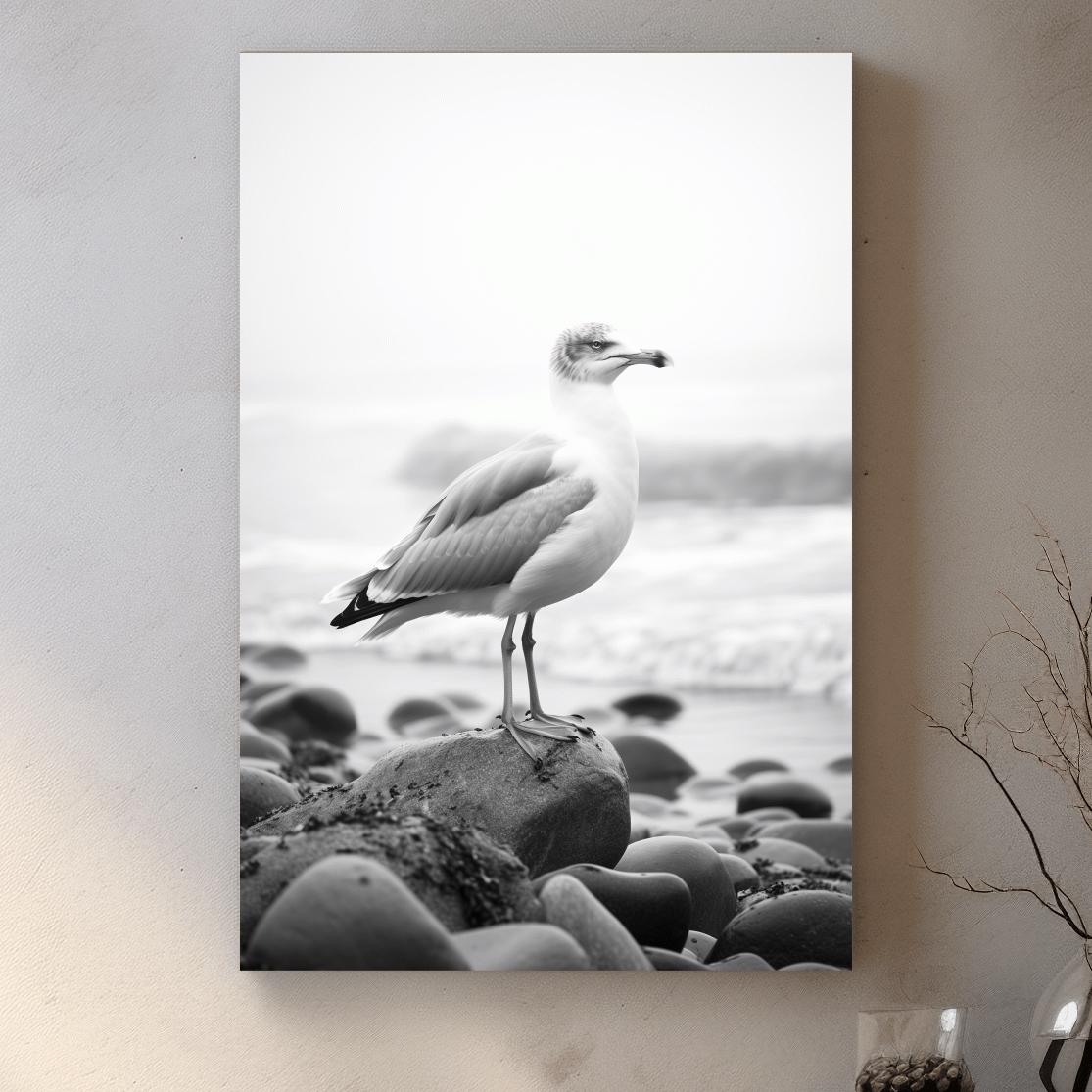 Misty Seagull On Pebble Beach - Minimalist Photographic Wall Art
