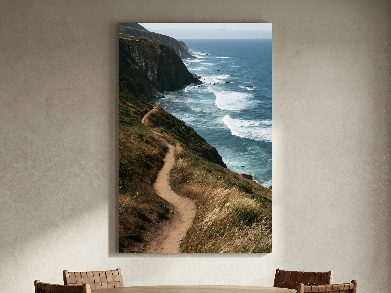 Misty Coastal Hiking Trail - Dramatic Cliffside Photographic Wall Art
