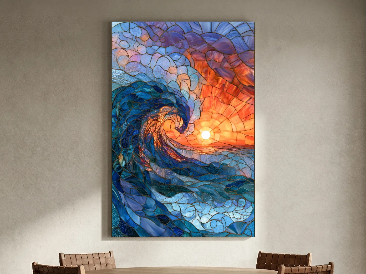 Stained Glass Style Crashing Wave - Abstract Ocean Sunset Wall Art