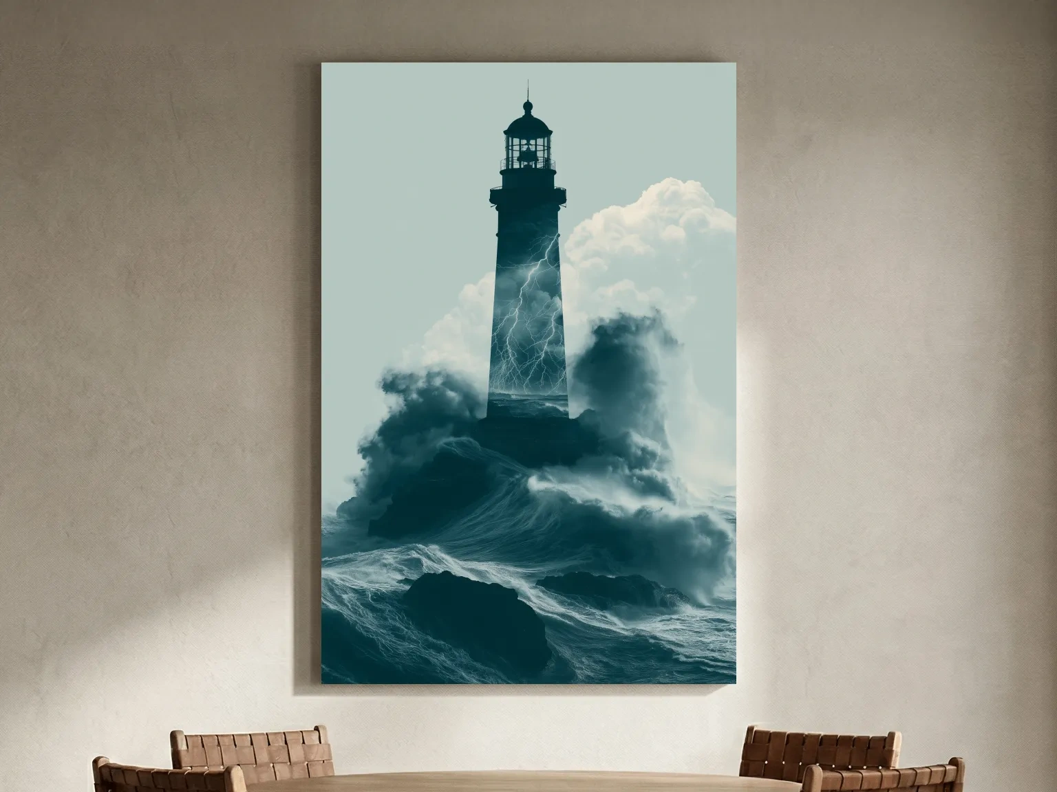 Surreal Storm Lighthouse Double Exposure - Dramatic Ocean Illustration Wall Art