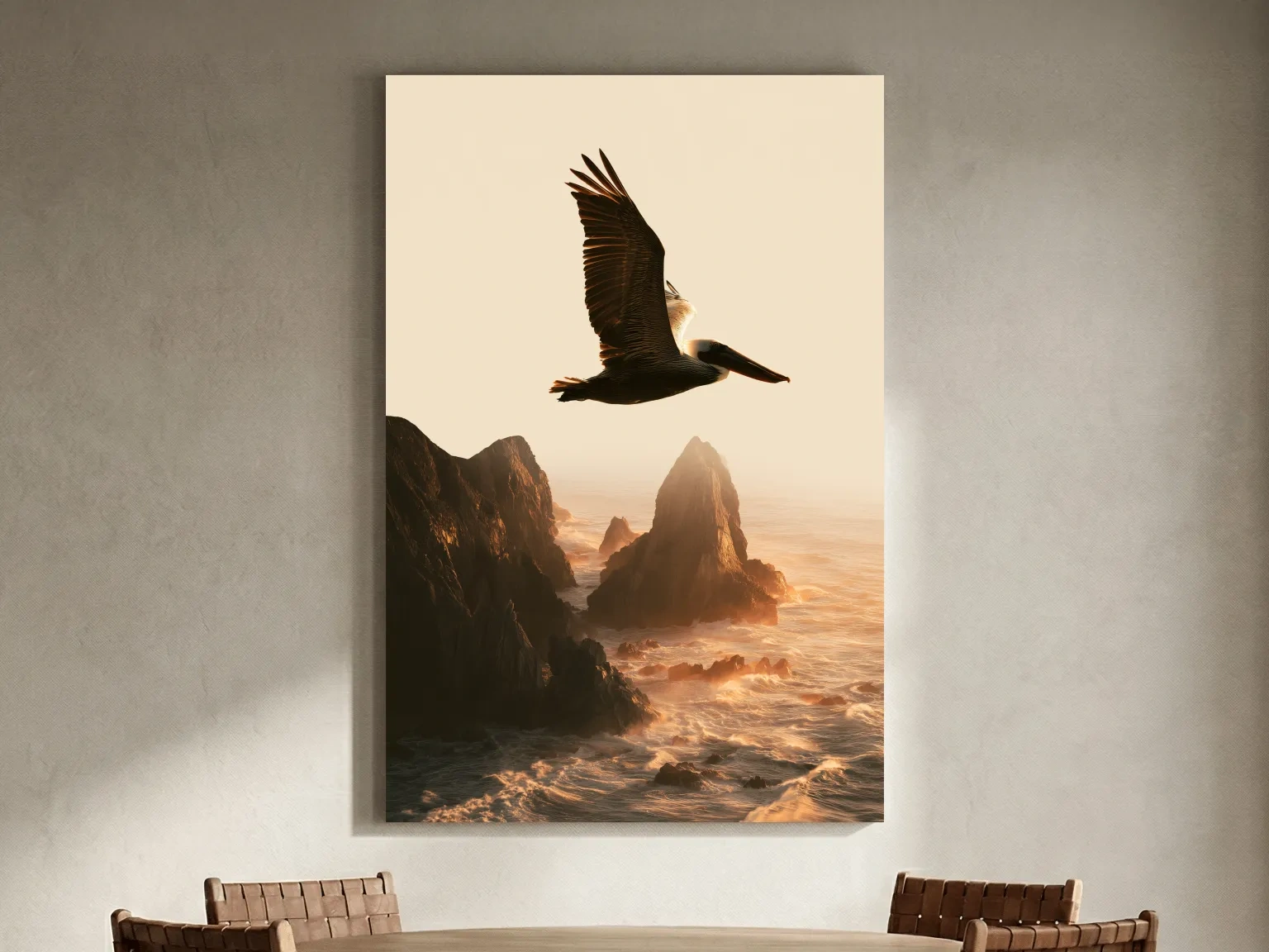 Golden Hour Pelican Flight - Dramatic Coastal Cliff Photographic Wall Art
