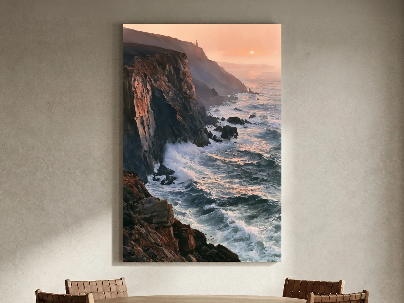 Dramatic Cliff Seascape - Golden Sunset Coastal Painting Art
