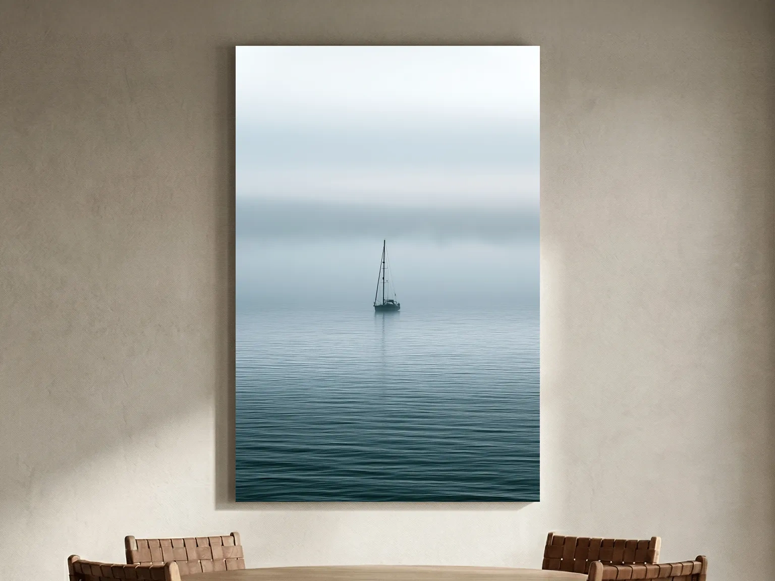 Misty Sailboat Horizon - Minimalist Photographic Ocean Wall Art