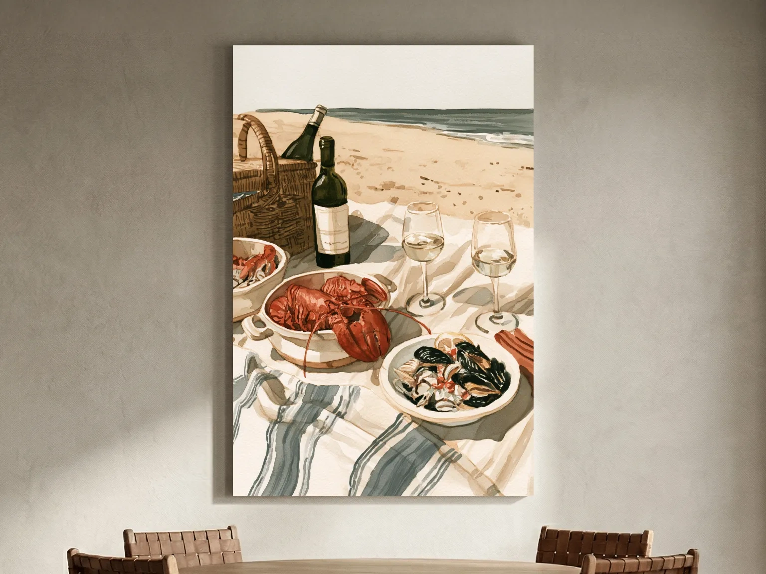 Coastal Lobster Picnic Artwork - Watercolor Beach Wall Art