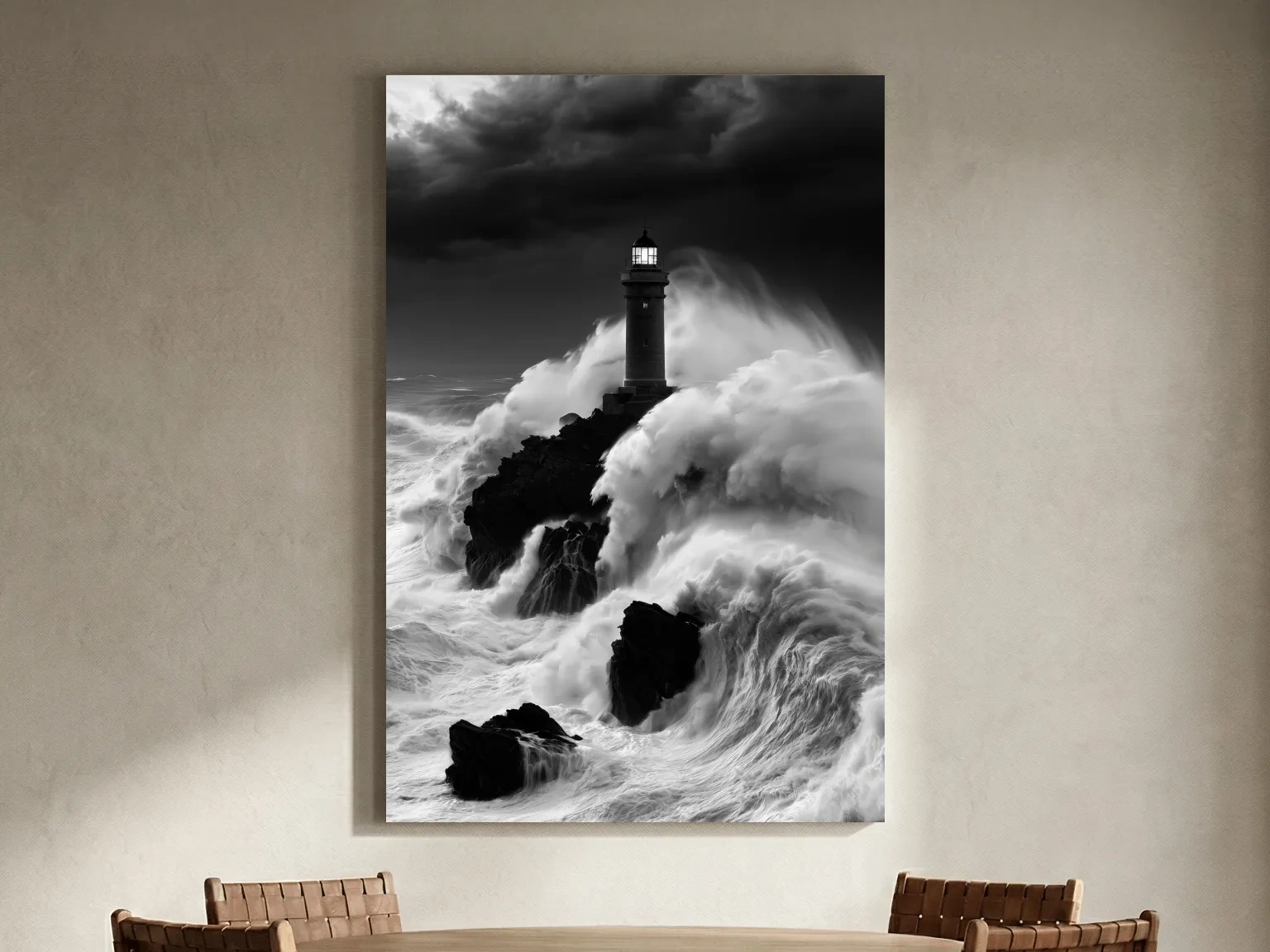 Misty Lighthouse Crashing Waves - Black And White Photographic Wall Art